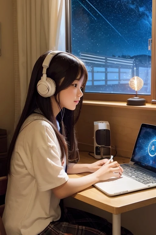 A beautiful girl studying in her room while listening to music with headphones。The warm lighting makes the stars look beautiful from the window.。Japanese anime style。