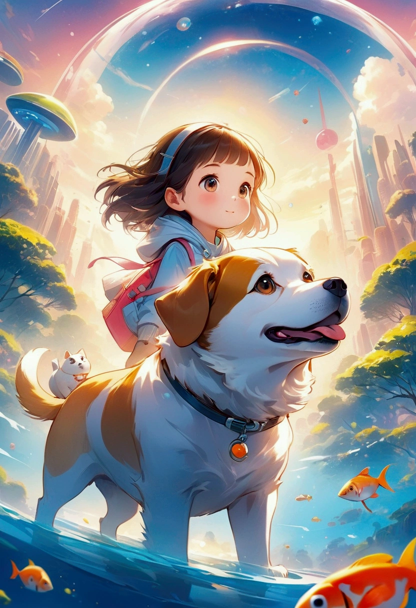 Dog and girl, cartoon illustration, Children&#39;s book illustrations, Pet animals, Single girl concept art, Cartoon Art, Futuristic, Anime Style, 4K, uhd, high quality, High resolution, 最high quality, Award-winning, uhd, masterpiece