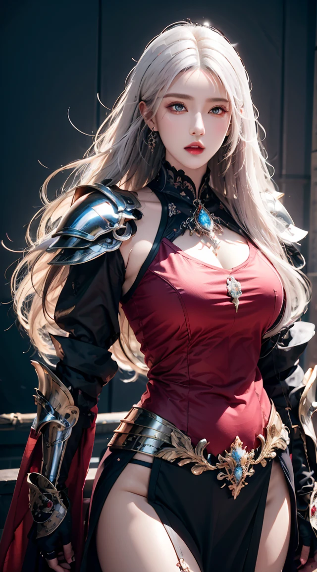 realisticlying, A high resolution, a 1 woman, shiny skins, Alone, jewely, redish pink lips, Long white hair, eBlue eyes, Keep your mouth shut, hip-up, Fantasy armor, holding a sword, Wearing heavy armor