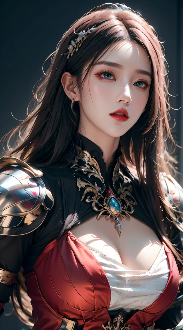 realisticlying, A high resolution, a 1 woman, shiny skins, Alone, jewely, redish pink lips, Long white hair, eBlue eyes, Keep your mouth shut, hip-up, Fantasy armor, holding a sword, Wearing heavy armor