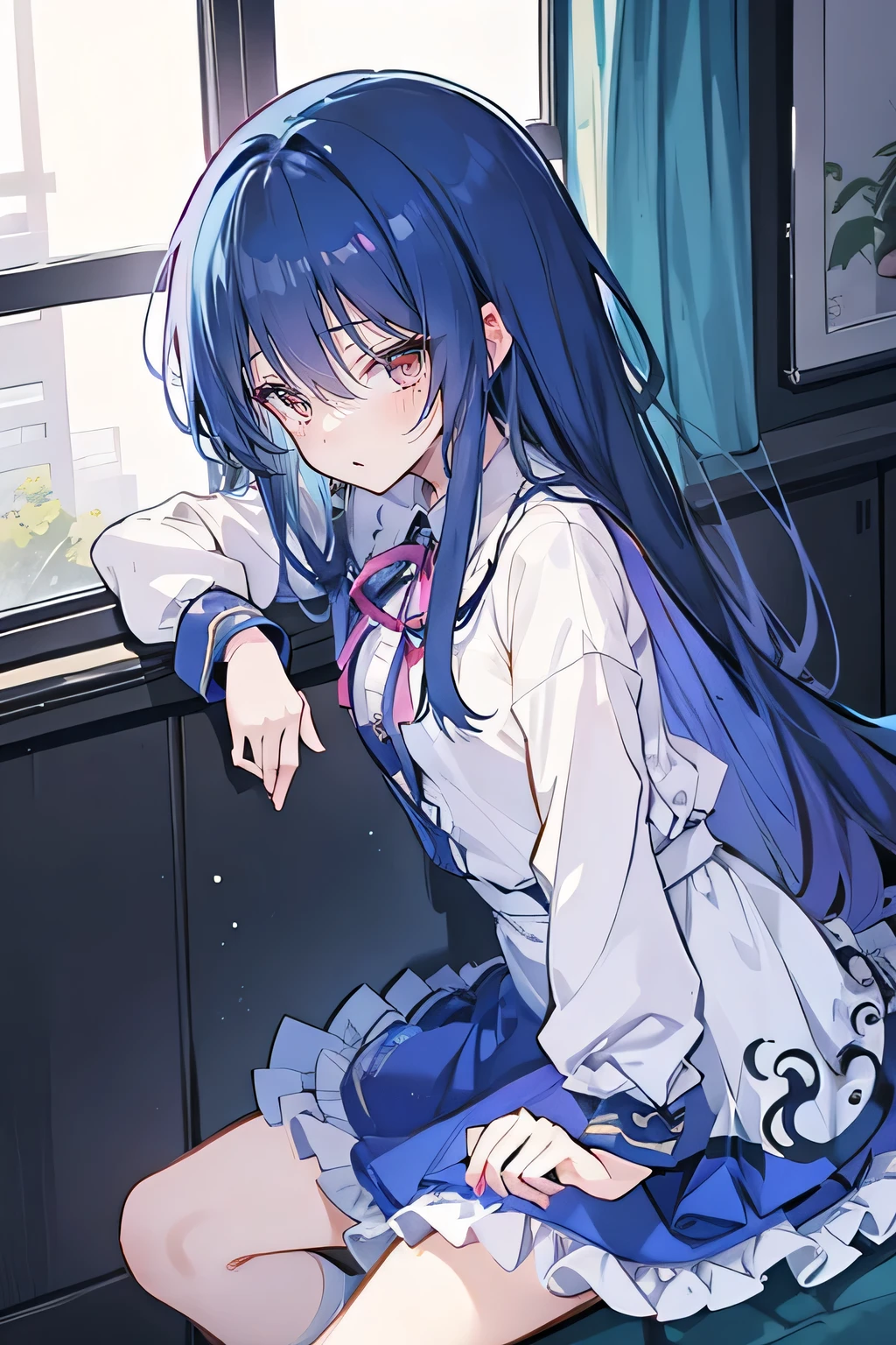 Anime Girl sitting on window sill drinking coffee and looking out the window, (Anime Girl), Anime cute art style, seductive Anime Girl, Beautiful anime high school, Cute girl anime visual, Night Core, Best Girl in Anime, young Anime Girl,dark blue long hair,Sit by the window