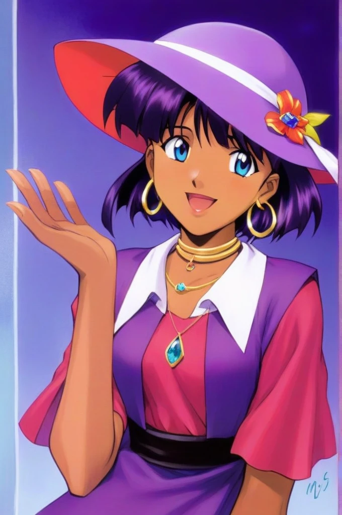 One girl, Nadia of Arwall, Have, alone, jewelry, Earrings, Dark Skin, Dark skinned women, short hair, Purple Hair, hair ornaments, Hair Clip, blue eyes, dress, necklace, put your hand on the hat, Open your mouth, smile,