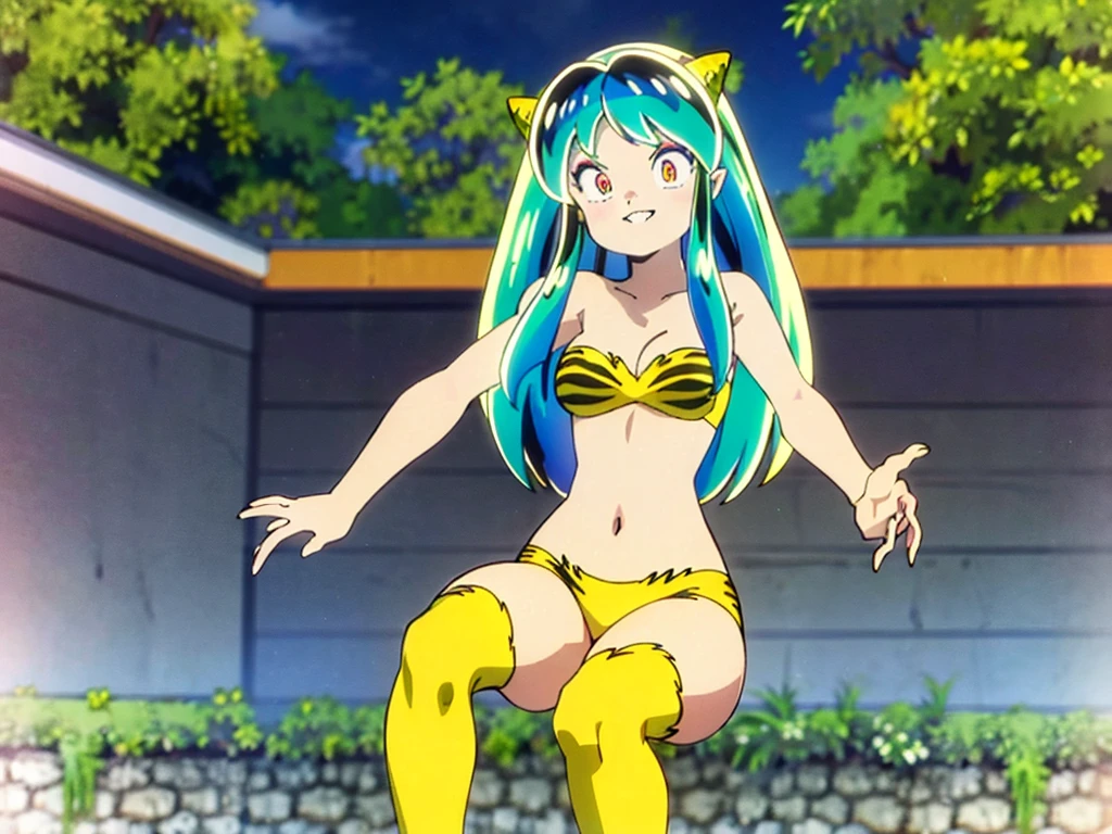 Tabletop, Highest quality, Ultra-high resolution, Highest quality, Anime Style, Alien Girl, They are, 17 years old, Attractive girl, Long Green Hair, Yellow horn, Ram, Ram_Bikini, Yellow tabby bikini, A carefree smile, Animated facial expressions, Face Focus, close, squatting, pov