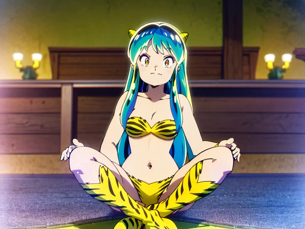 Tabletop, Highest quality, Ultra-high resolution, Highest quality, Anime Style, Alien Girl, They are, 17 years old, Attractive girl, Long Green Hair, Yellow horn, Ram, Ram_Bikini, Yellow tabby bikini, A carefree smile, Animated facial expressions, Face Focus, close, squatting, pov