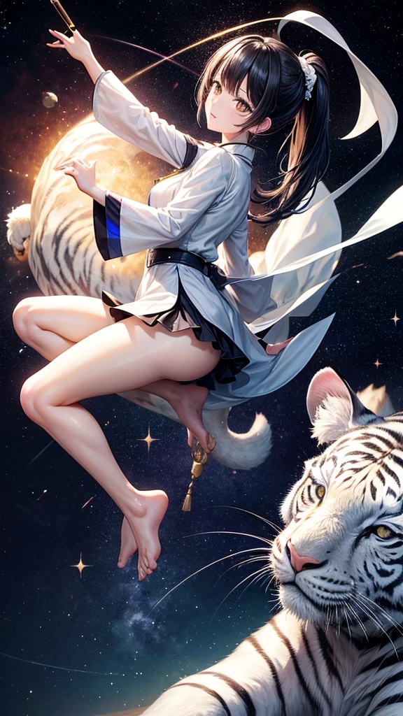 Highest quality、Extremely detailed depiction、Extremely precise、Ultra-clear、High fidelity、Ultra-high resolution、
universeを白虎にまたがって走り回る猫型少年、universe、Earth in the distance、star、流れstar、Milky Way、古城の形のuniverseステーション、Machine City、cigarette、
Iridescent straight hair、ponytail、Black hair tie with bells、Fluttering、Disturbed、Sparkling Eyes、黄色と黒のuniverse服、Mobile Suit、barefoot、Riding on a white tiger as if swinging around、Lean back、Grab the white tiger with one hand、ヘルメットが勢いでuniverse空間に放り出される、look back、White Tiger looks super happy、Big man, big white tiger、勢いよくuniverseを走り回る、Sprint to the camera