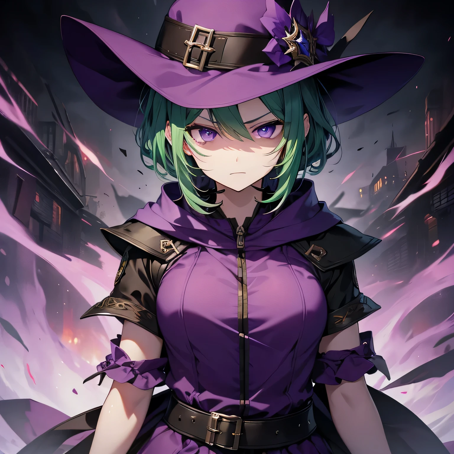 Best image quality、highest quality、Beautiful Eyes、4k、expression of murderous intent、Expressions of hatred、Purple Eyes、Green Hair