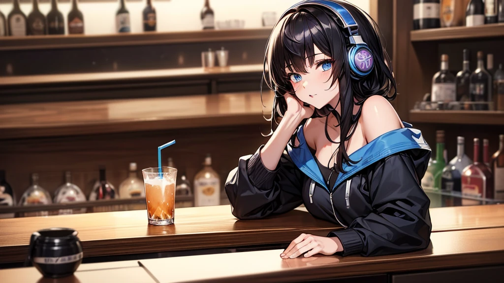 ((UHD, super detail, best quality, highres)),black hair, hair over shoulder, medium hair, blue eyes, (headphones), anime, anime style, (Relax with a drink at the bar counter),(There is alcohol by the side)