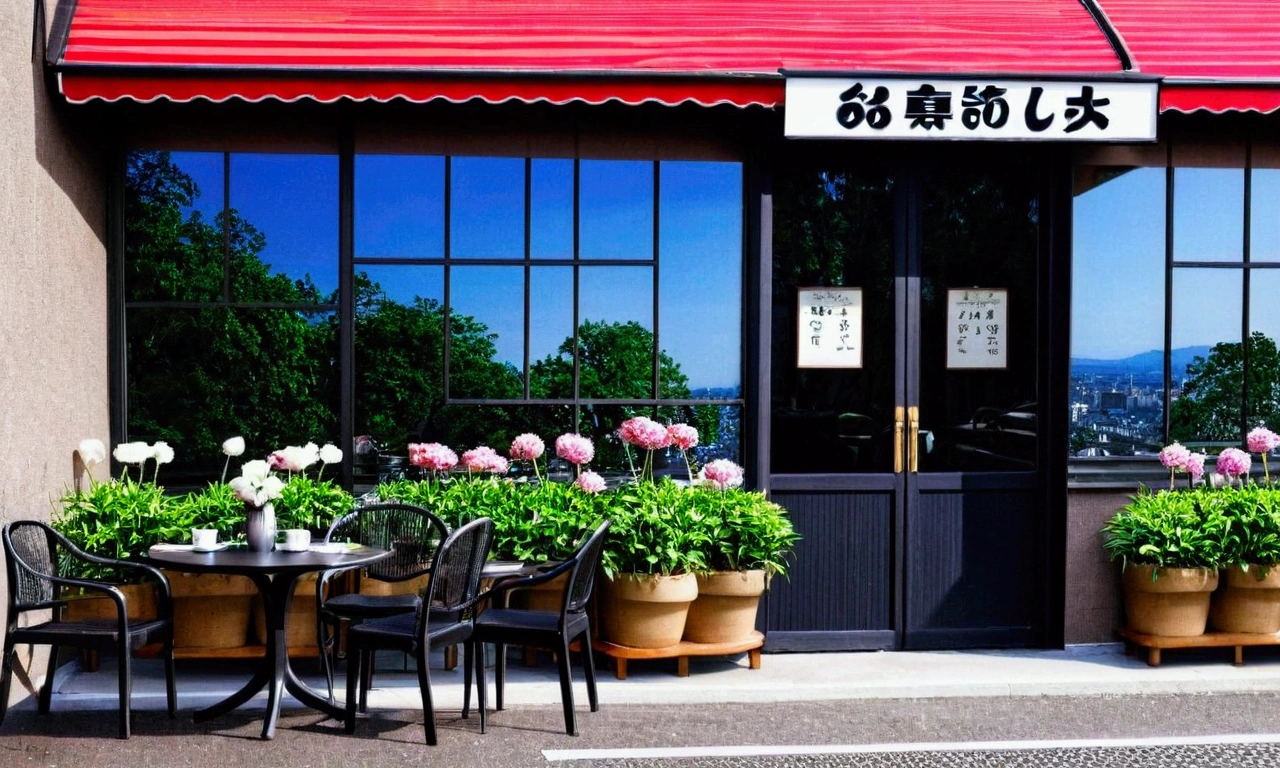日本の街角に小さなcoffee shopがあります。coffee shopの前には緑の木々Lined up、The flowers are in full bloom and give off a faint fragrance。木漏れ日がcoffee shopの前に美しい光の線を描いています。 coffee shopのテラスは角にあり、People passing by on the street々You can see the cars。Sit on the terrace and relax with a cup of coffee、You can enjoy the scenery along the road。 coffee shopのテーブルと椅子は木製で、A bouquet of fresh flowers is placed on the table。On the black sign「coffee shop」It is written that。