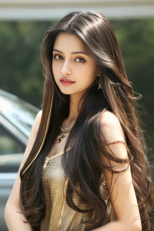 1girl in, age19, Solo, Long hair, Colossal , Looking at Viewer, black hair, Bare shoulders, Brown eyes, jewely, Full body, a necklace, off shoulders, salwar and dupatta, Realistic, A sexy, (( beautiful long hairs, crazy long hairs, super long hairs, long hair, crazy long hairs, super long hairs))