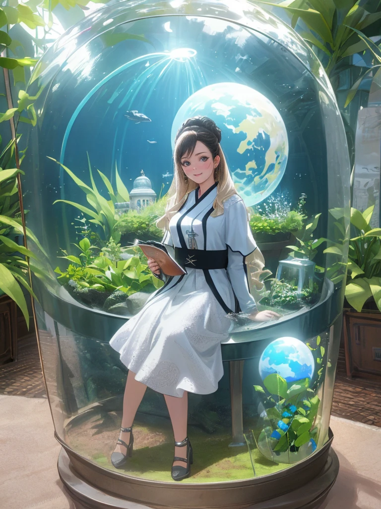 (In 8K、Highest quality、masterpiece:1.2)、(Realistic、Photorealistic:1.2)、There is a girl sitting in a bubble in the garden., Photo credit: AP, Fulldome, 超Realistic, Biopod, Water flows in the terrarium, Sitting on a cryopod, Biodome, 超Realistic, Full shot of the landscape, Inside the globe, Awe-inspiring Awards, in the zoo exhibit, Unusual configuration