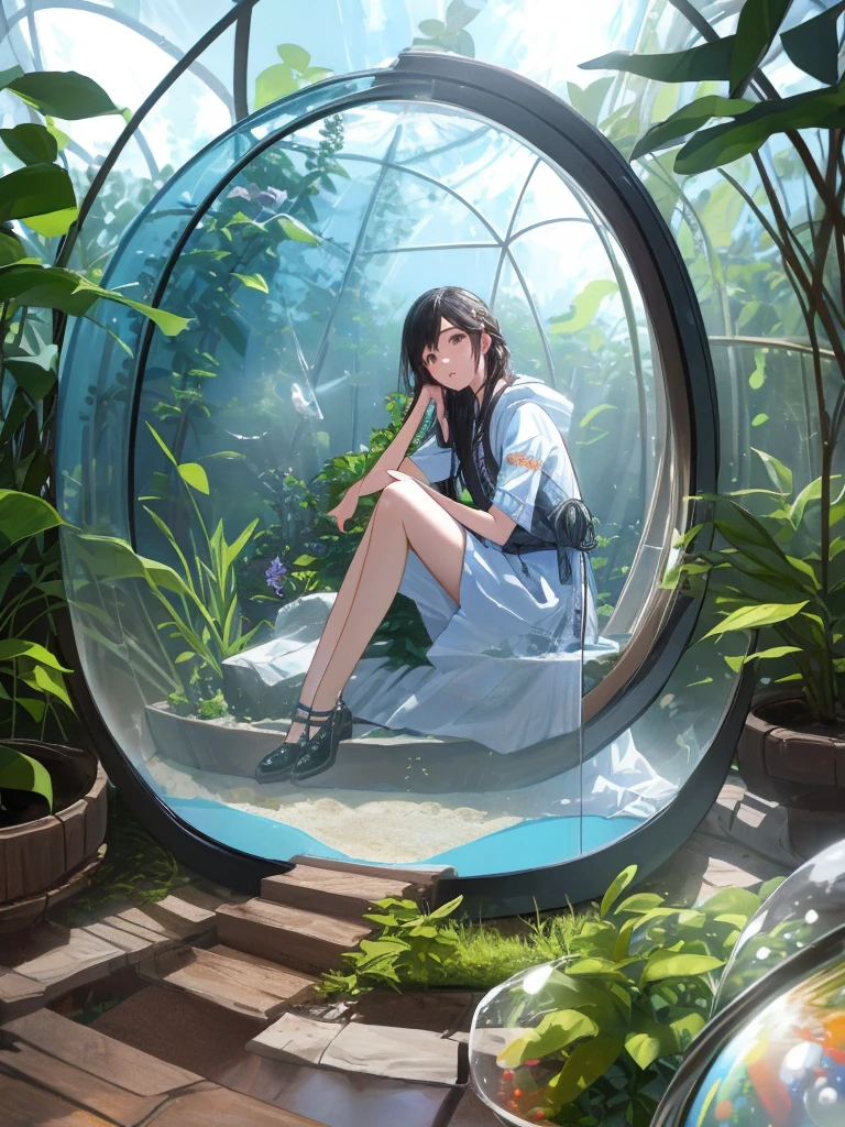 (In 8K、Highest quality、masterpiece:1.2)、(Realistic、Photorealistic:1.2)、There is a girl sitting in a bubble in the garden., Photo credit: AP, Fulldome, 超Realistic, Biopod, Water flows in the terrarium, Sitting on a cryopod, Biodome, 超Realistic, Full shot of the landscape, Inside the globe, Awe-inspiring Awards, in the zoo exhibit, Unusual configuration