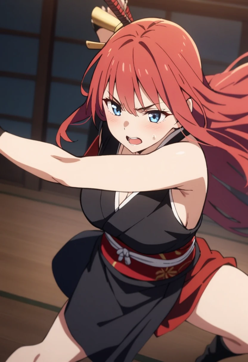 1girl, samurai warrior, long hair, blue eyes, fighting masterpiece, best quality,
