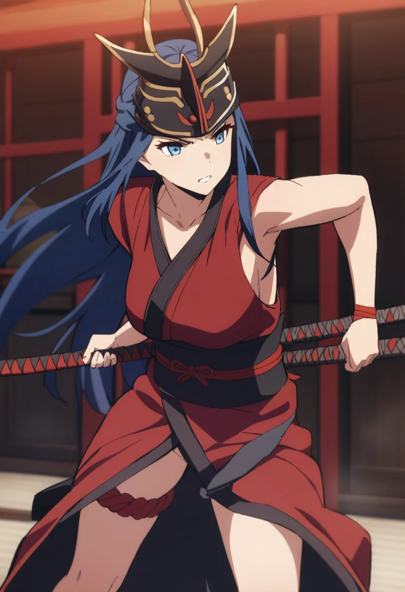 1girl, samurai warrior, long hair, blue eyes, fighting masterpiece, best quality,
