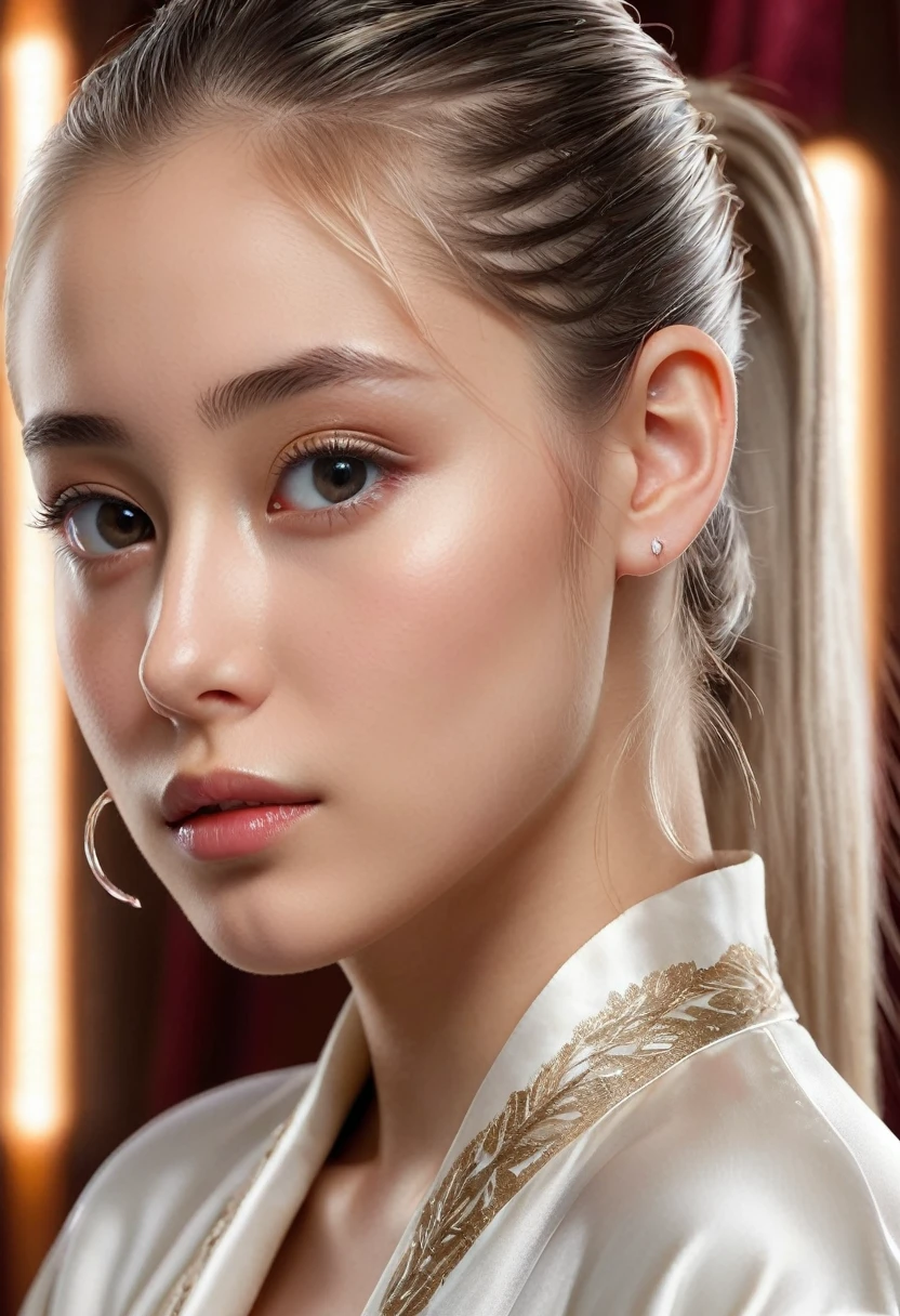 (Highest quality, masterpiece:1.2), Ultra-high resolution, Realistic, Front lighting, Exquisite detail, Exquisite detail and texture, One girl, alone ,(young), Facial highlights, Upper Body, Detailed face, Teardrop Mole, white skin, Silver Hair, ponytail, Braid, View your viewers, Big eyes, silk robe, (Hollow pattern, white, silk), Earrings, Small breasts, The body is slim, Luxurious Room, Professional Lighting, Photon Mapping, Radio City, Physically Based Rendering,