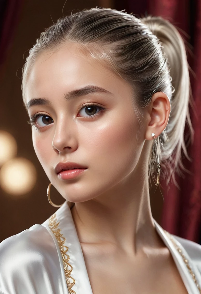(Highest quality, masterpiece:1.2), Ultra-high resolution, Realistic, Front lighting, Exquisite detail, Exquisite detail and texture, One girl, alone ,(young), Facial highlights, Upper Body, Detailed face, Teardrop Mole, white skin, Silver Hair, ponytail, Braid, View your viewers, Big eyes, silk robe, (Hollow pattern, white, silk), Earrings, Small breasts, The body is slim, Luxurious Room, Professional Lighting, Photon Mapping, Radio City, Physically Based Rendering,