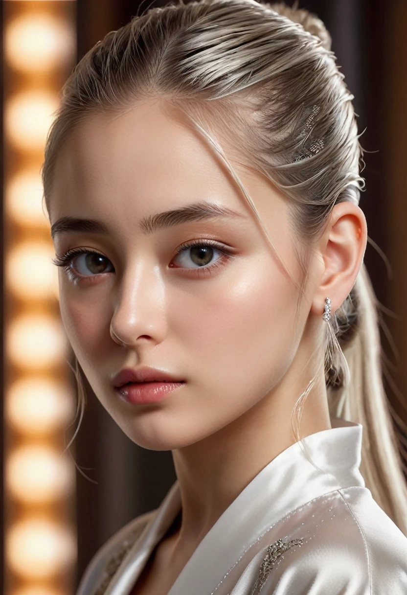 (Highest quality, masterpiece:1.2), Ultra-high resolution, Realistic, Front lighting, Exquisite detail, Exquisite detail and texture, One girl, alone ,(young), Facial highlights, Upper Body, Detailed face, Teardrop Mole, white skin, Silver Hair, ponytail, Braid, View your viewers, Big eyes, silk robe, (Hollow pattern, white, silk), Earrings, Small breasts, The body is slim, Luxurious Room, Professional Lighting, Photon Mapping, Radio City, Physically Based Rendering,