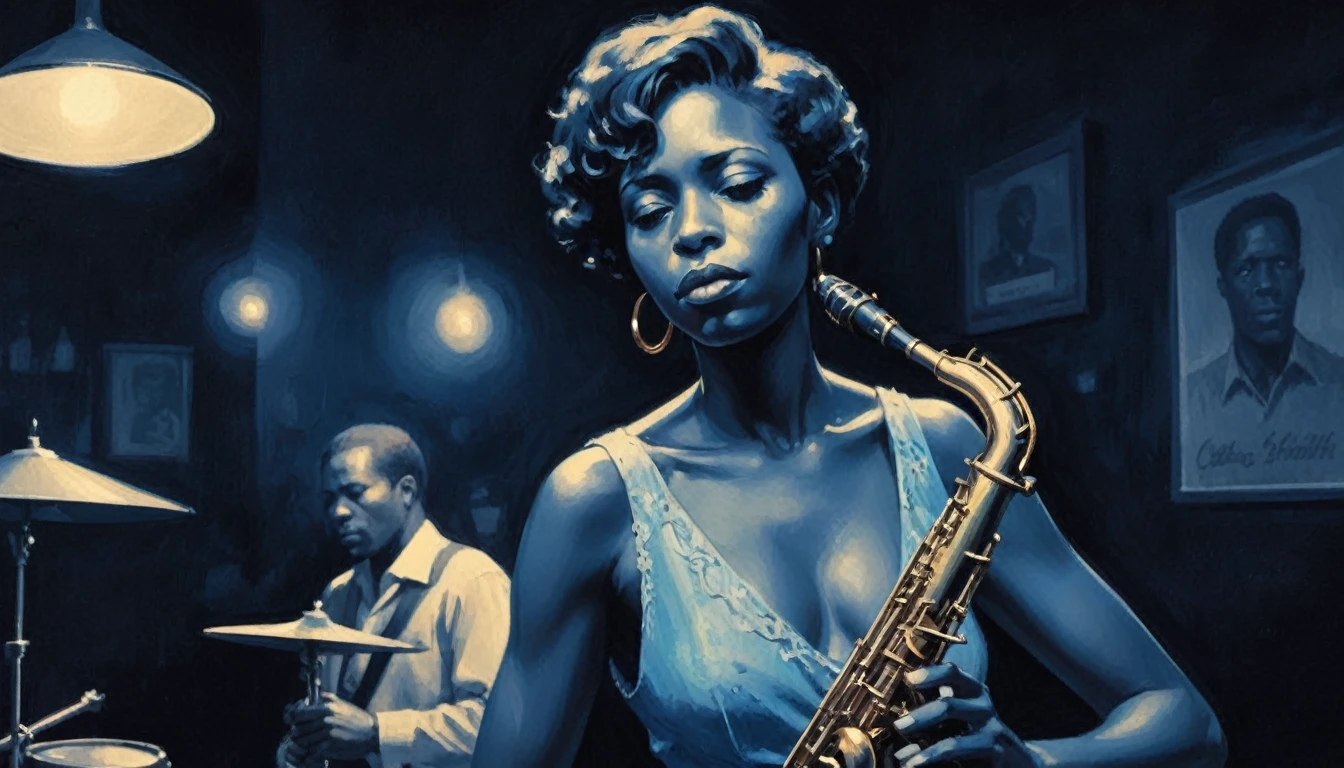 Robert Johnson, Grainy, Alabama Bar, Blue, Charismatic , figure, Black Fantasy, woman, sad ending, Saxophone player