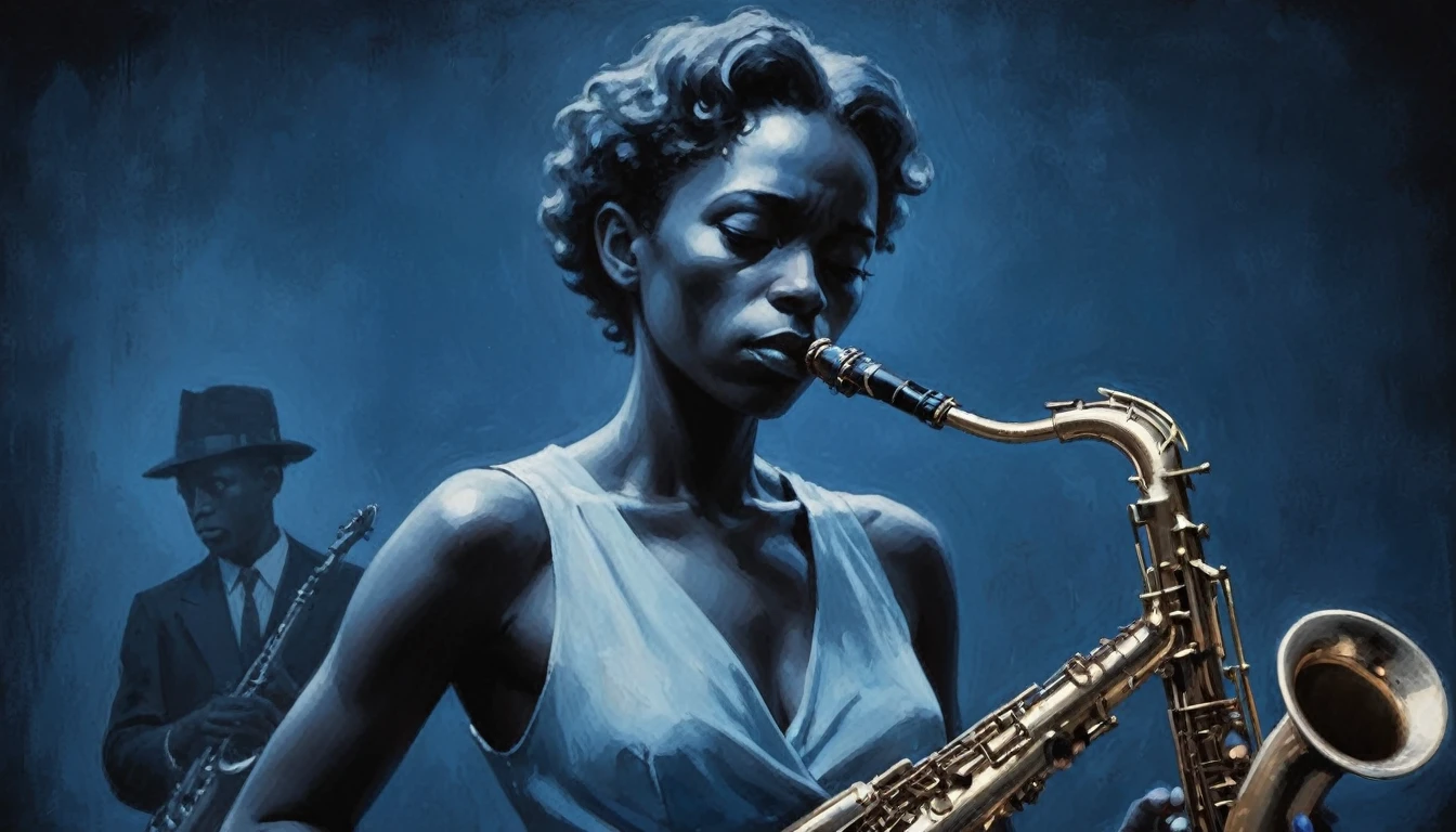 Robert Johnson, Grainy, Alabama Bar, Blue, Charismatic , figure, Black Fantasy,  woman, sad ending, Saxophone player