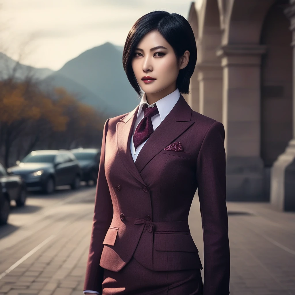 Ultra-realistic extremely detailed real life 8k masterpiece of a gorgeous asian woman, re ada wong, (((skirt suit))), (((three-piece suit))), (((necktie))), (((blazer))), (((suit jacket))), ((waistcoat)), double-breasted waistcoat, (((bodycon miniskirt))), pocket square, cufflinks, tie clip, tailored suit,, extremely detailed facial features, dark scary epic lighting, horror composition