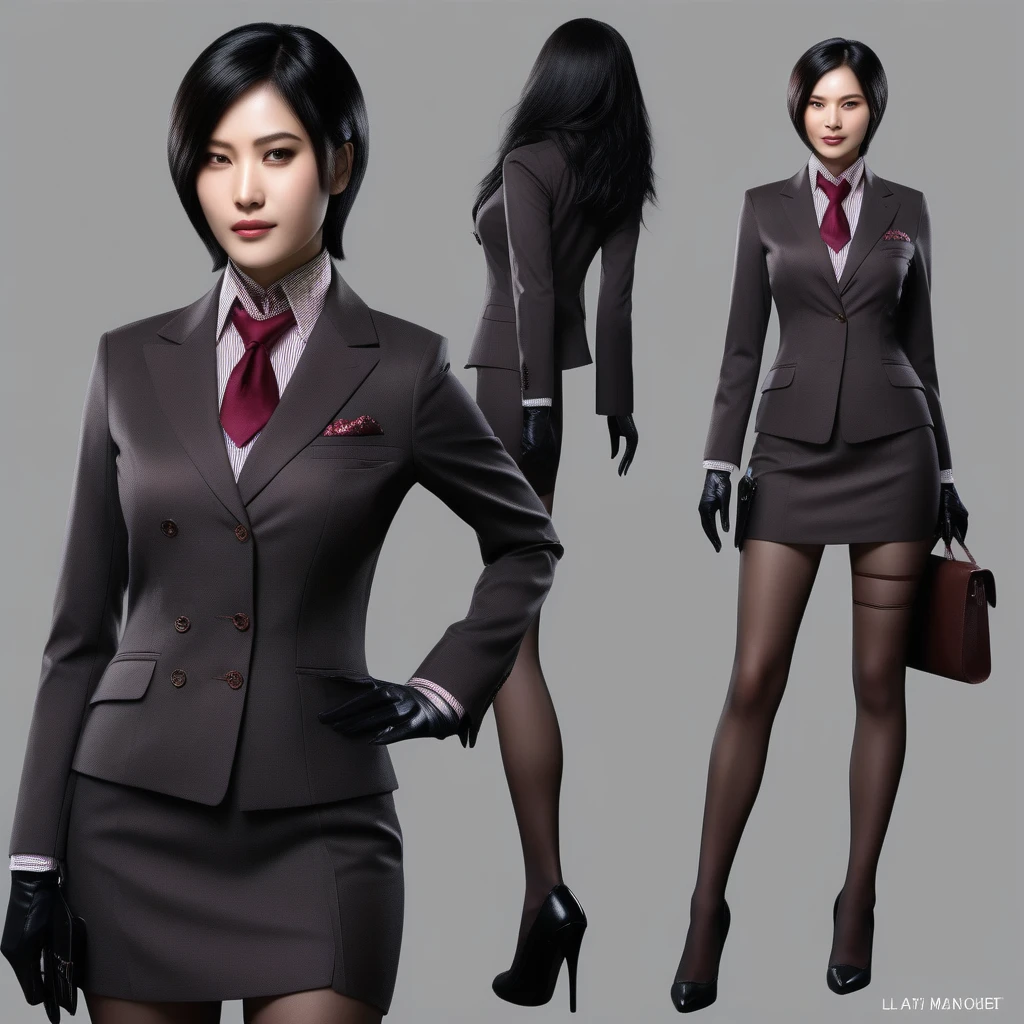 Ultra-realistic extremely detailed real life 8k masterpiece of a gorgeous asian woman, re ada wong, (((skirt suit))), (((three-piece suit))), (((necktie))), (((blazer))), (((suit jacket))), ((waistcoat)), double-breasted waistcoat, (((bodycon miniskirt))), pocket square, cufflinks, tie clip, tailored suit,, extremely detailed facial features, dark scary epic lighting, horror composition