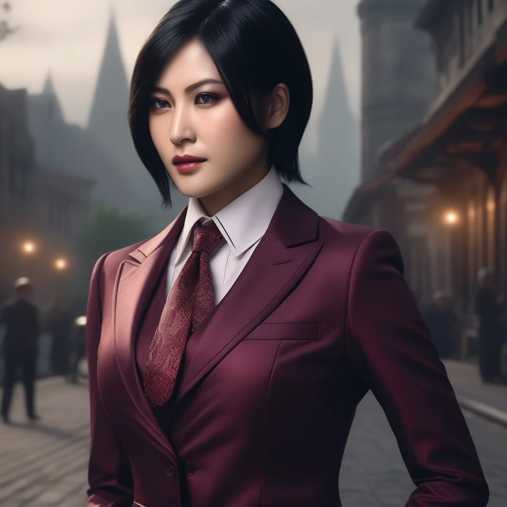 Ultra-realistic extremely detailed real life 8k masterpiece of a gorgeous asian woman, re ada wong, (((skirt suit))), (((three-piece suit))), (((necktie))), (((blazer))), (((suit jacket))), ((waistcoat)), double-breasted waistcoat, (((bodycon miniskirt))), pocket square, cufflinks, tie clip, tailored suit,, extremely detailed facial features, dark scary epic lighting, horror composition