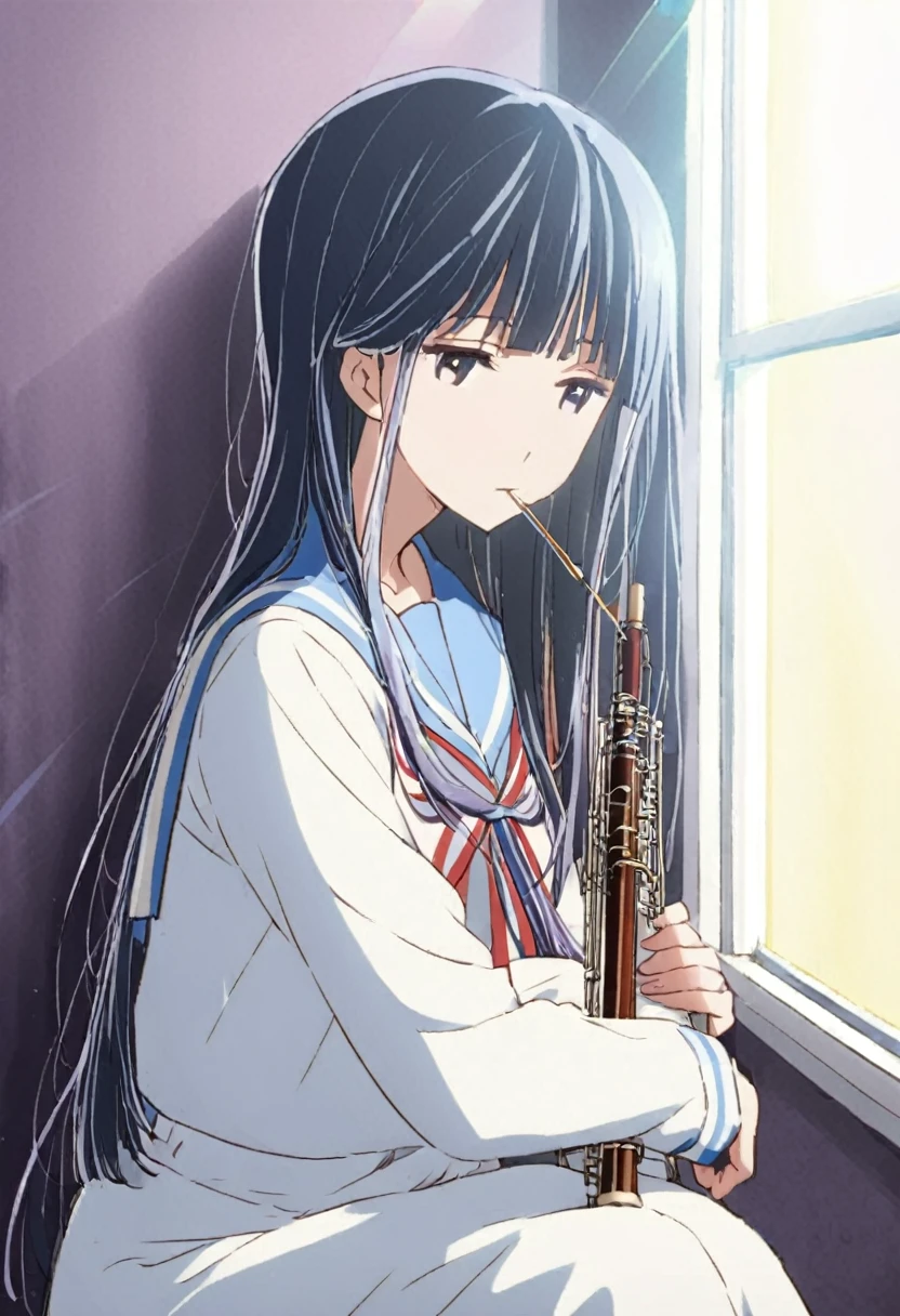 Blue Hair、Long Hair、Straight Hair、Neat bangs、(/Yorozuka Mizore\)、1 person、Anime characters、He is holding the small, thin double reed of the instrument in his mouth.、Beautifully shaped double reed、girl、Expressionless、Apathy、Apathyの目、Leaning against the wall、Sunlight streaming through the window、A corner of the classroom、Upper body only、Sitting、Arms around knees、Arms slightly crossed、A sailor suit with a light blue collar, white overalls and a light blue ribbon