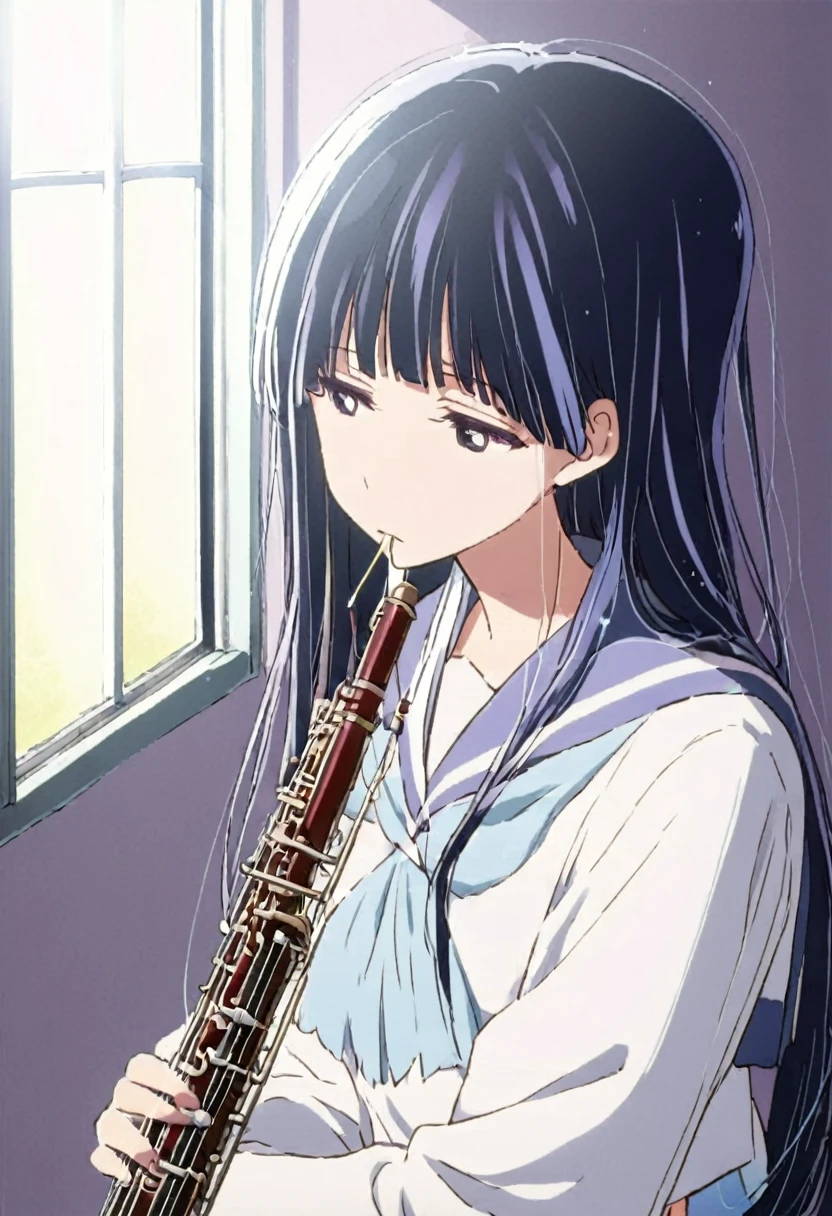 Blue Hair、Long Hair、Straight Hair、Neat bangs、(/Yorozuka Mizore\)、1 person、Anime characters、He is holding the small, thin double reed of the instrument in his mouth.、Beautifully shaped double reed、girl、Expressionless、Apathy、Apathyの目、Leaning against the wall、Sunlight streaming through the window、A corner of the classroom、Upper body only、Sitting、Arms around knees、Arms slightly crossed、A sailor suit with a light blue collar, white overalls and a light blue ribbon