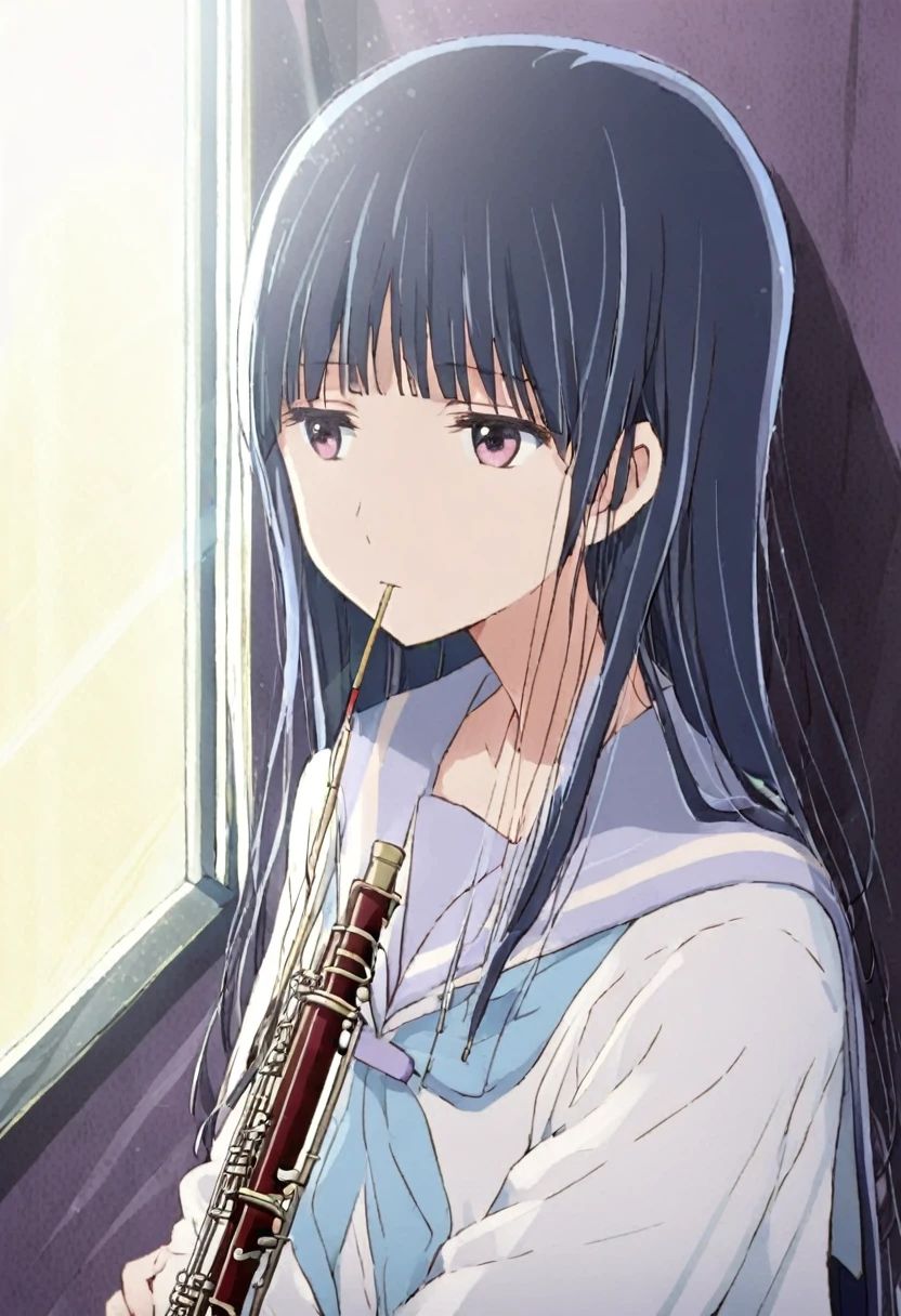 Blue Hair、Long Hair、Straight Hair、Neat bangs、(/Yorozuka Mizore\)、1 person、Anime characters、He is holding the small, thin double reed of the instrument in his mouth.、Beautifully shaped double reed、girl、Expressionless、Apathy、Apathyの目、Leaning against the wall、Sunlight streaming through the window、A corner of the classroom、Upper body only、Sitting、Arms around knees、Arms slightly crossed、A sailor suit with a light blue collar, white overalls and a light blue ribbon