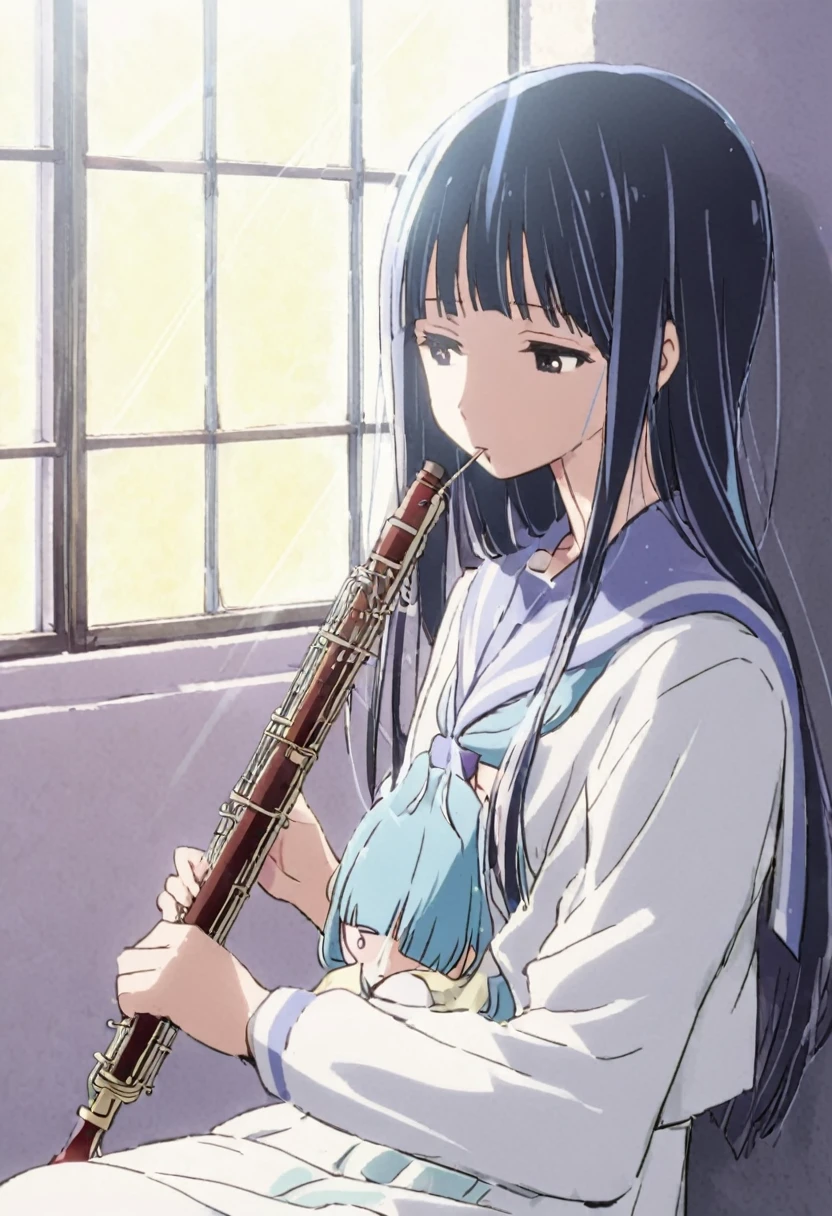 Blue Hair、Long Hair、Straight Hair、Neat bangs、(/Yorozuka Mizore\)、1 person、Anime characters、He is holding the small, thin double reed of the instrument in his mouth.、Beautifully shaped double reed、girl、Expressionless、Apathy、Apathyの目、Leaning against the wall、Sunlight streaming through the window、A corner of the classroom、Upper body only、Sitting、Arms around knees、Arms slightly crossed、A sailor suit with a light blue collar, white overalls and a light blue ribbon