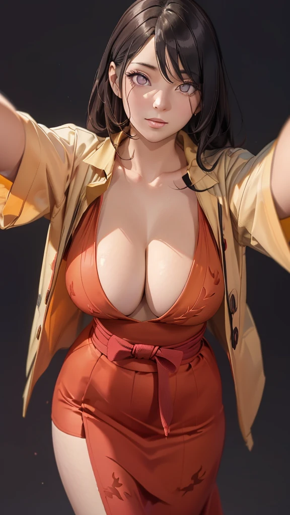 cleavage,（（（Perfect figure，figure，orange kimono, obi，hakama skirt，work，flame print kimono，（（（hyuuga workbi，low tied long hair，hair bow，Light blue pupils））），S-shaped figure:1.7））），((masterpiece)),high resolution, ((Best quality at best))，masterpiece，quality，Best quality，（（（ Exquisite facial features，looking at the audience,There is light in the eyes，Happy，nterlacing of light and shadow，））），（（（looking into camera，black background，）））