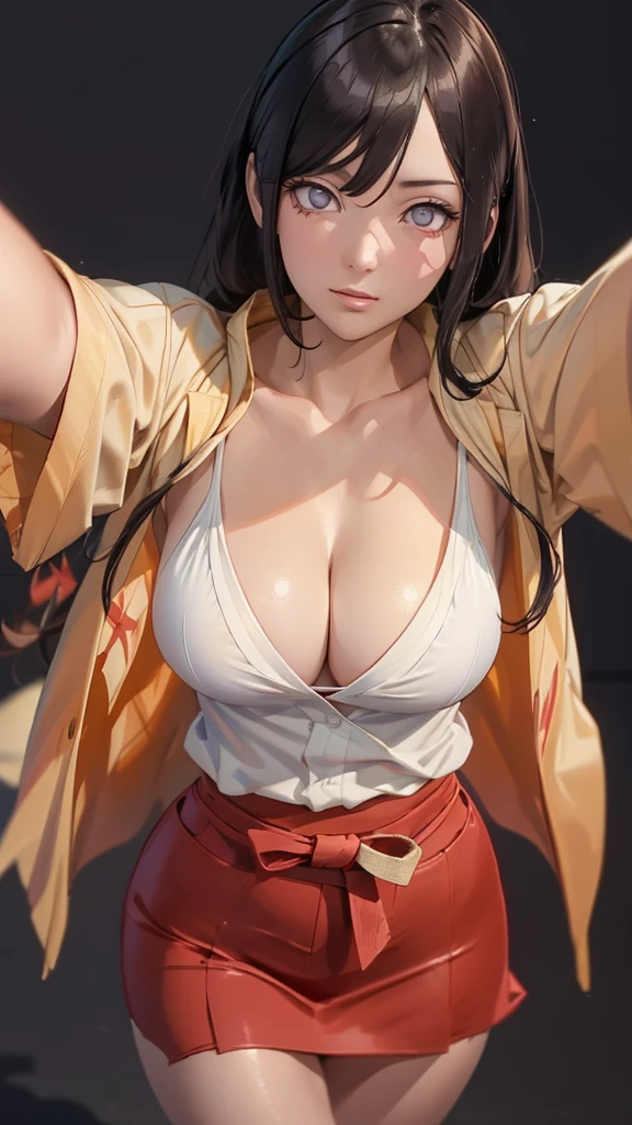 cleavage,（（（Perfect figure，figure，orange kimono, obi，hakama skirt，work，flame print kimono，（（（hyuuga workbi，low tied long hair，hair bow，Light blue pupils））），S-shaped figure:1.7））），((masterpiece)),high resolution, ((Best quality at best))，masterpiece，quality，Best quality，（（（ Exquisite facial features，looking at the audience,There is light in the eyes，Happy，nterlacing of light and shadow，））），（（（looking into camera，black background，）））