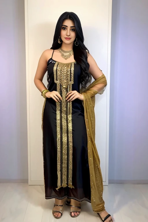 1girl in, 19, Solo, Long hair, Colossal , Looking at Viewer, black hair, Bare shoulders, Brown eyes, jewely, Full body, a necklace, off shoulders, salwar and dupatta, Realistic, A sexy