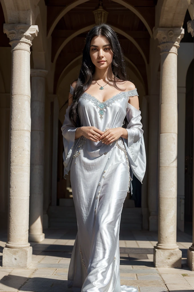 A woman with long, flowing black hair, resembling a starless night, captivates with her deep gray eyes that radiate intelligence. She wears a serene white imperial gown, styled for comfort and grace during rest. Crafted from the finest silk, it drapes softly around her figure, adorned with subtle embroidery depicting delicate plum blossoms, symbols of resilience and beauty. The gown's wide, flowing sleeves add an air of majesty, gracefully trailing as she moves. Her presence evokes the tranquil elegance of ancient courtly charm, complemented by a delicate silver necklace featuring a pendant of azure jade, symbolizing peace and wisdom.