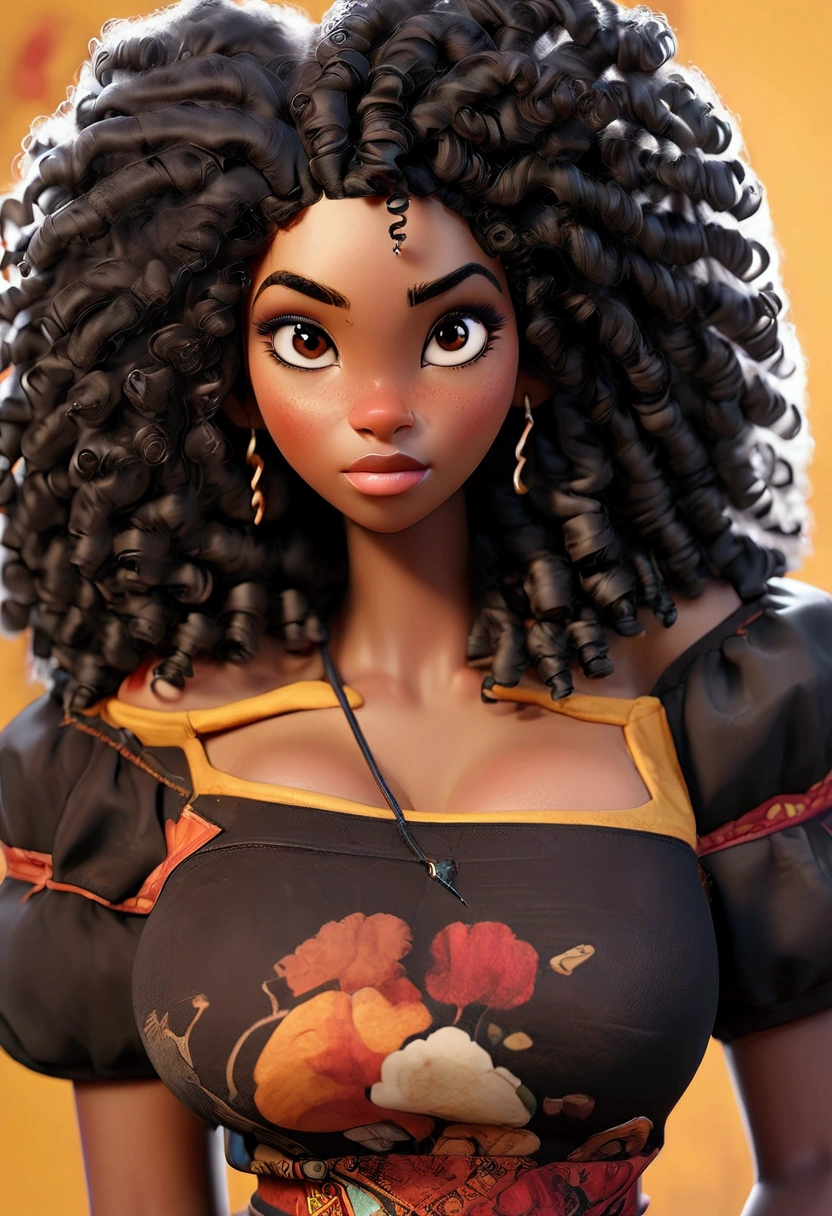 (masterpiece:1.2), (best quality), (ultra detailed), (8k, 4k, intricate),(half-body-shot:1), (highly detailed:1.2),(detailed background:1.2),((big breasts)),((frizzy Afro hair), An photo of a curvy black woman with a black off shoulder shirt and curly hair, red eyes, curly bangs, curly middle part haircut, black curly hair, curly afro, long wild black curly hair, curly haired, black long curly hair, curly black hair, long black curly hair, her face framed with curls, short black curly hair, curly, profile image, curly hair, with afro