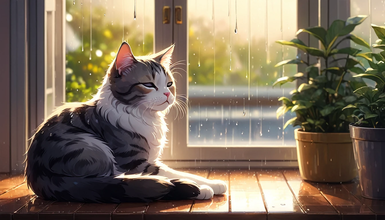 (masterpiece, Best quality, high quality, A high resolution, Very detailed) Cute and adorable cat with closed eyes, relaxation in a cozy room. The room has a peaceful and calm atmosphere, and from the large window you can see the rain outside.. The image contains bokeh lighting effects, creating a serene atmosphere.
