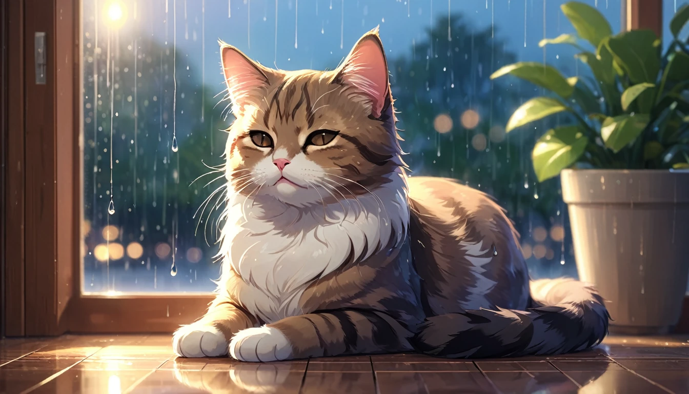(masterpiece, Best quality, high quality, A high resolution, Very detailed) Cute and adorable cat with closed eyes, relaxation in a cozy room. The room has a peaceful and calm atmosphere, and from the large window you can see the rain outside.. The image contains bokeh lighting effects, creating a serene atmosphere.