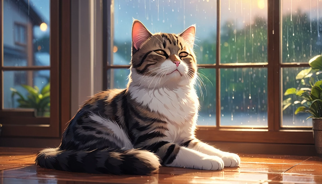 (masterpiece, Best quality, high quality, A high resolution, Very detailed) Cute and adorable cat with closed eyes, relaxation in a cozy room. The room has a peaceful and calm atmosphere, and from the large window you can see the rain outside.. The image contains bokeh lighting effects, creating a serene atmosphere.