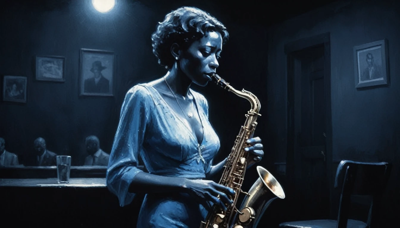 Robert Johnson, Grainy, Alabama Bar, Blue, Charismatic , figure, Black Fantasy,  woman, sad ending, Saxophone player