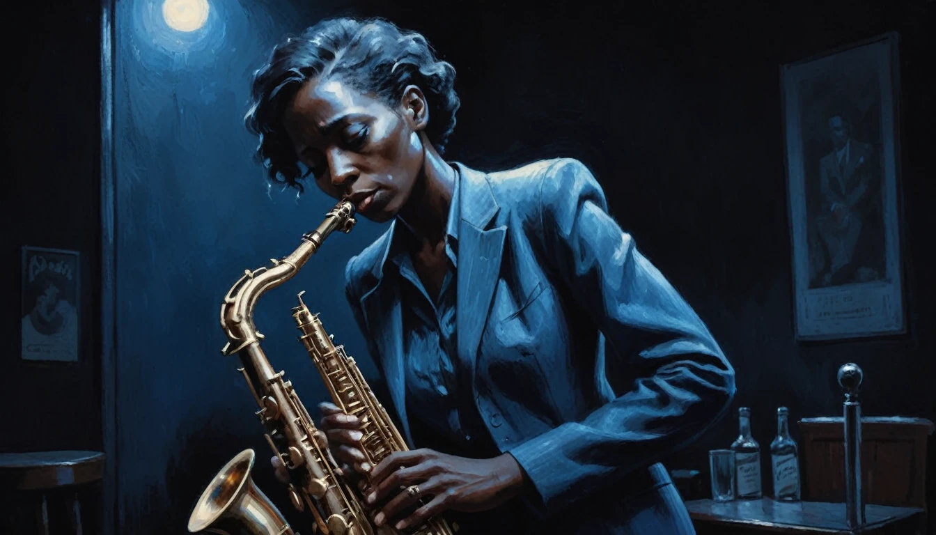 Robert Johnson, Grainy, Alabama Bar, Blue, Charismatic , figure, Black Fantasy, woman, sad ending, Saxophone player