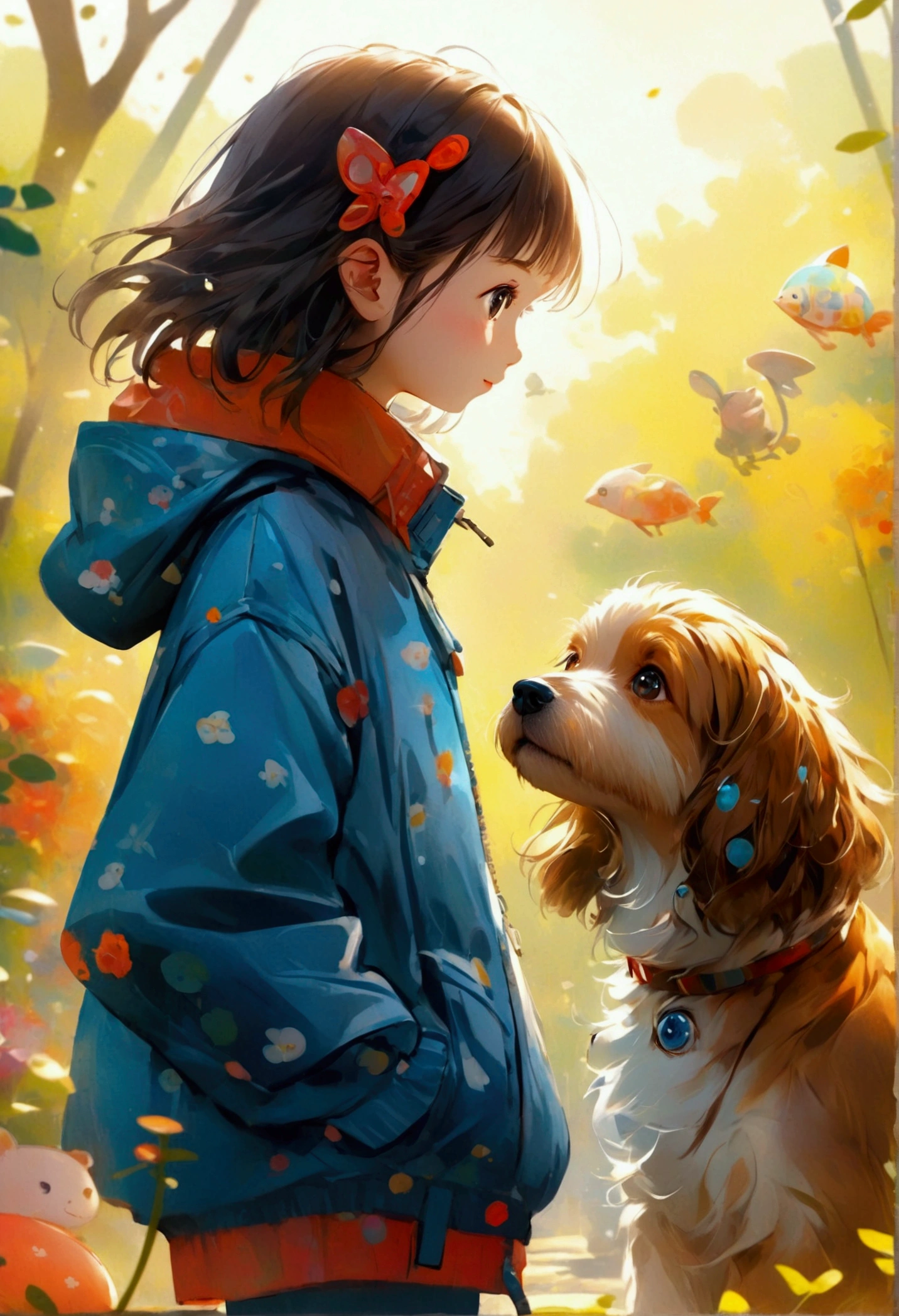 Dog and girl, cartoon illustration, Children&#39;s book illustrations, Concept art of single girl with pet animals, Standing side by side, Cartoon Art, Futuristic, Anime Style, 4K, uhd, high quality, High resolution, 最high quality, Award-winning, uhd, masterpiece