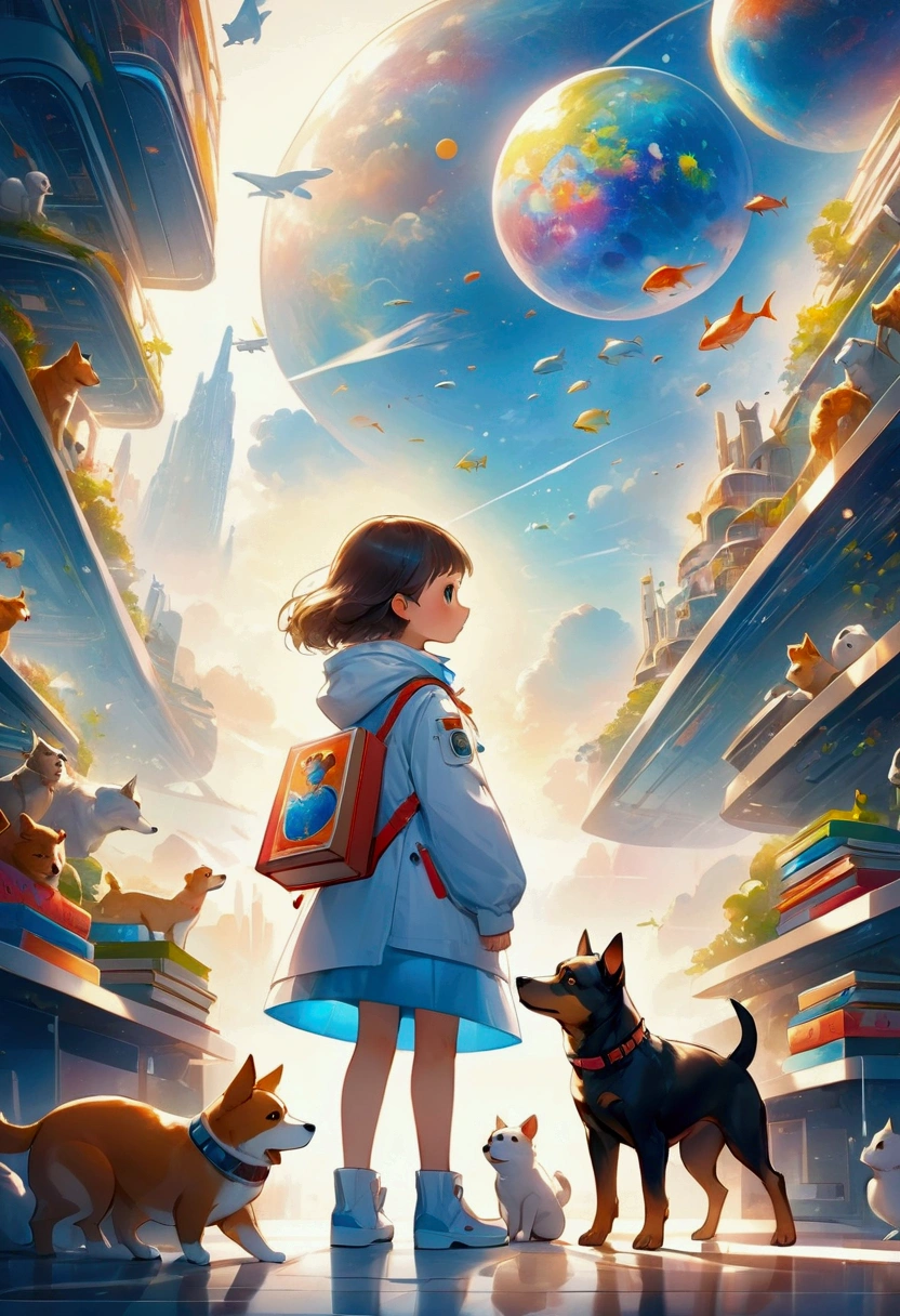 Dog and girl, cartoon illustration, Children&#39;s book illustrations, Concept art of single girl with pet animals, Standing side by side, Cartoon Art, Futuristic, Anime Style, 4K, uhd, high quality, High resolution, 最high quality, Award-winning, uhd, masterpiece