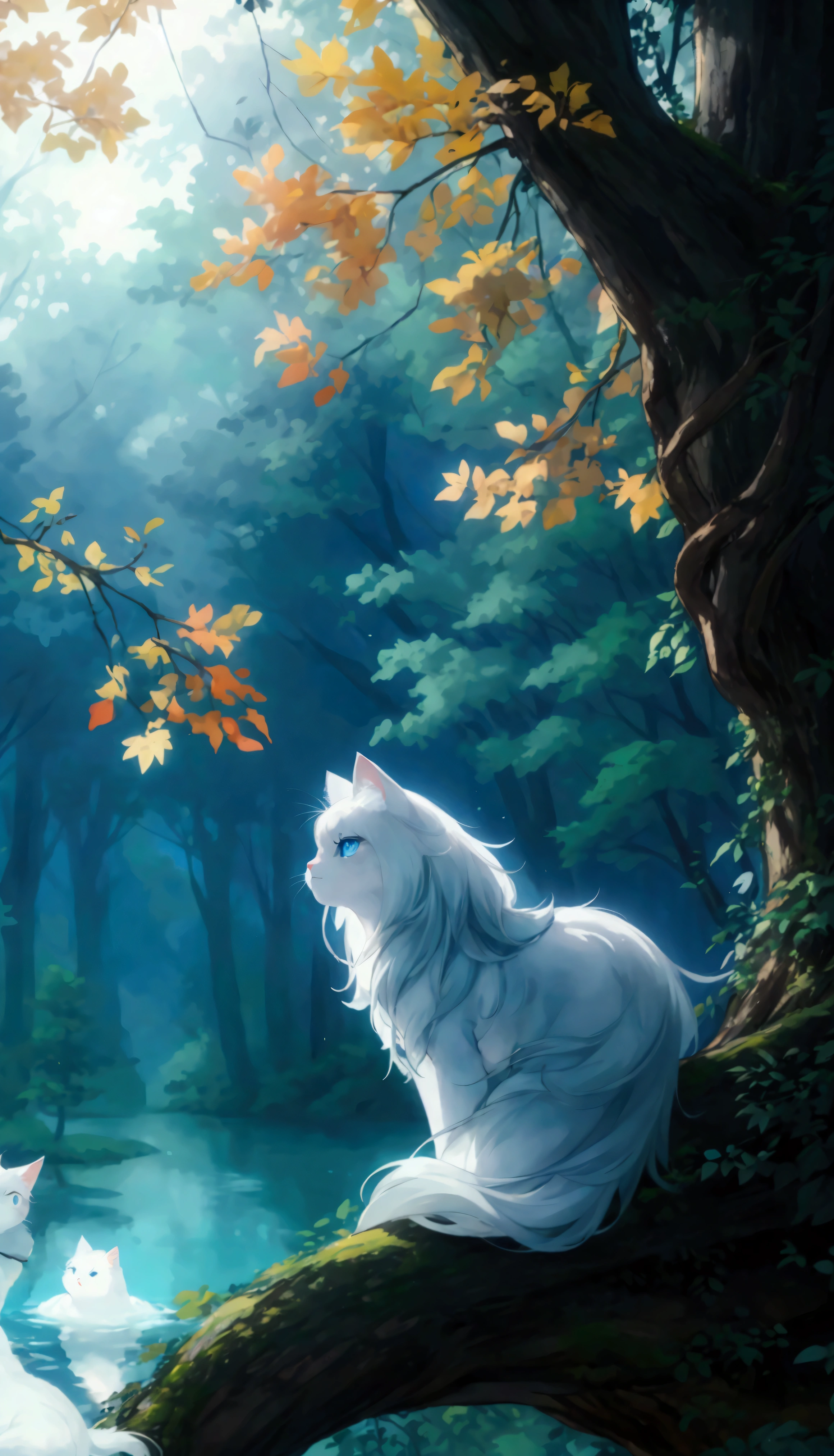 White cat、Blue eyes、sidelong glance、Inside a fantastic forest with a large lake in the background、Elegance、narrow her eyes、Fantastical、hali々and has、Condescending、Go straight towards the tree branch