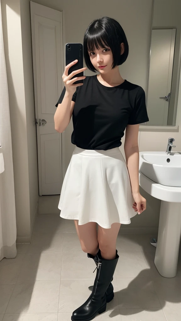 Selfie,Black Hair,short hair,White T-shirt,Cute Skirt,Black boots,Bathroom,Ultra HD,masterpiece,super high quality,Ultra-high resolution,Highest quality,Advanced,Highest quality,Highest Resolution,high quality,beautiful,beautiful,High quality,Realな質感,Real,8K,Detailed,