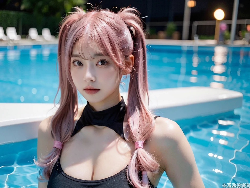 Shot with a top-of-the-line camera. highest quality, ultra-detailed, intricately detailed, high resolution, 8k, (very large breasts:1.3), (pink hair in twintails:1.3), Wearing a black swimsuit, she is in a night pool, A youthful look of about . Slim and well-proportioned, fair skin, her cleavage is visible,
