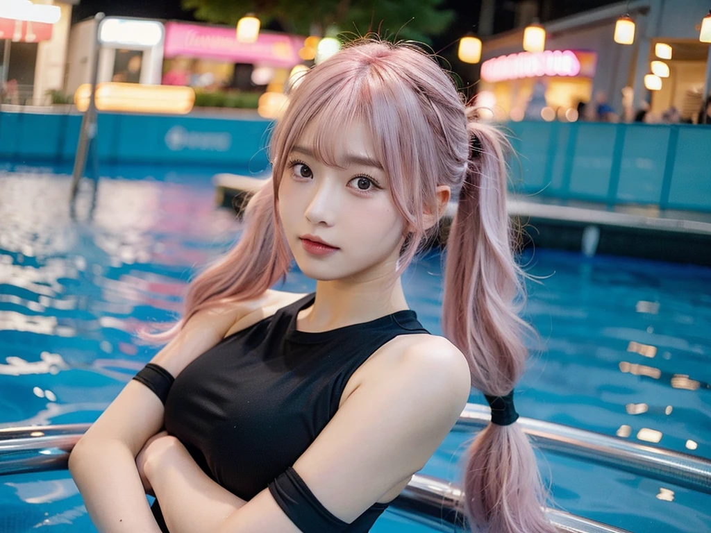 Shot with a top-of-the-line camera. highest quality, ultra-detailed, intricately detailed, high resolution, 8k, (very large breasts:1.3), (pink hair in twintails:1.3), Wearing a black swimsuit, she is in a night pool, A youthful look of about . Slim and well-proportioned, fair skin, her cleavage is visible,