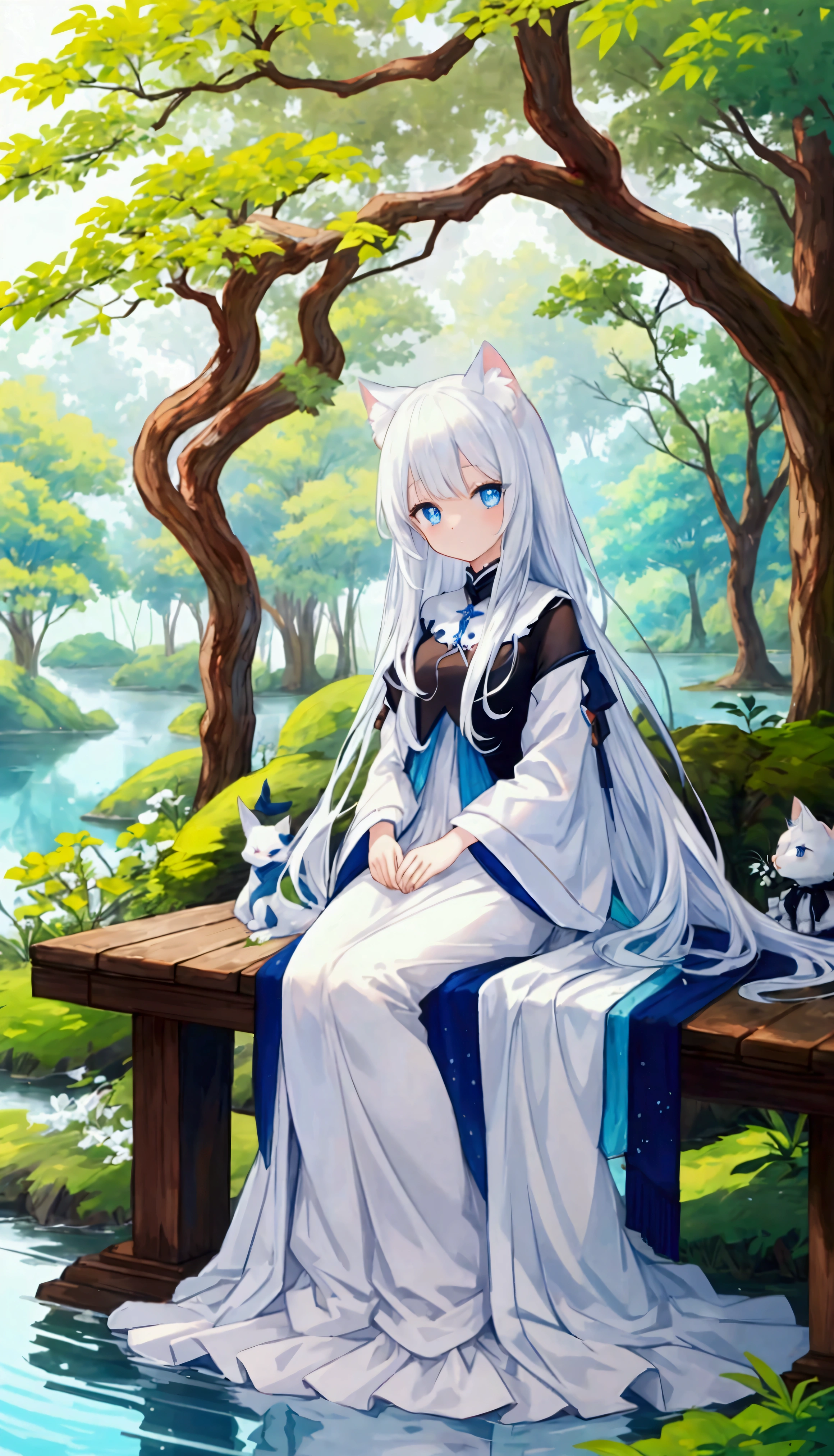 White cat、Blue eyes、sidelong glance、Inside a fantastic forest with a large lake in the background、Elegance、narrow her eyes、Fantastical、hali々and has、Condescending、Go straight towards the tree branch