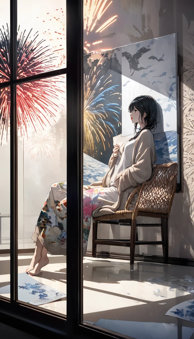 conceptual installation pop art, 2.5D, delicate and dynamic, the most beautiful woman in the world, attractive and seductive expression, sitting on rattan chair and leaning against the window glass, reflection of fireworks light, wearing underwear and loose cardigan, foggy filter effect, fusion of watercolors and oil paintings, fusion of paper cutting and shadow puppetry, mix of monochrome and color, shading, gradation, wet in wet, water splash, Japanese paper quality