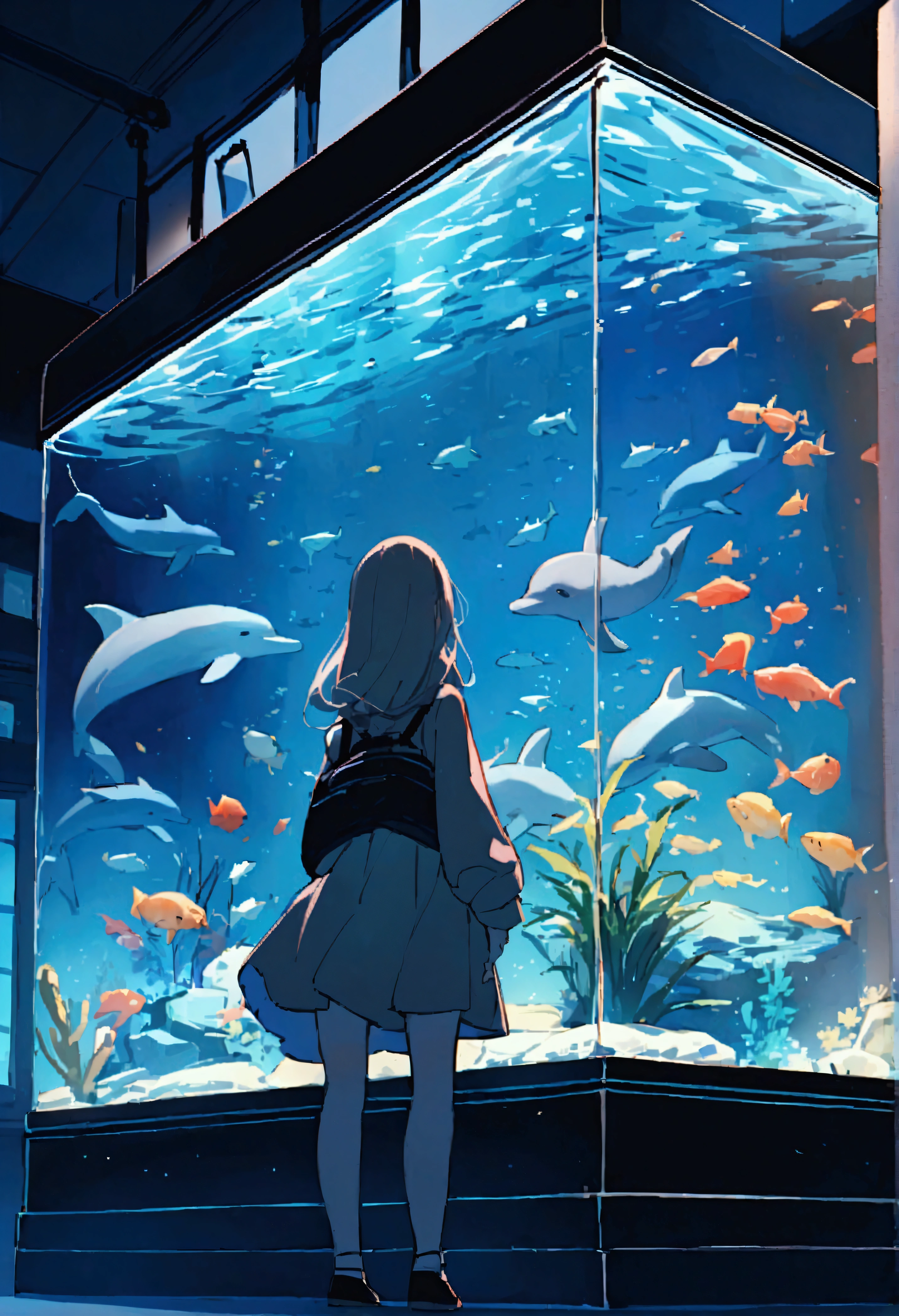 aquarium、A girl standing in front of a huge aquarium、Large single glass aquarium、Dimly lit interior、Quiet atmosphere、Girl looking up at a fish tank、There is a girl in the center、Angle of view from the rear、A tank much taller than the girl、Dolphin tank、A very wide aquarium