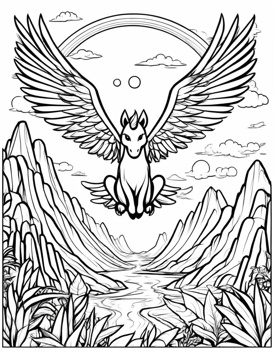 beautiful Unicon, adult, Fantasy, ดวงตาNo color, have wings, Coloring pages for kids, be happy, Fly in the sky, Behind is a floating island., rainbow, vector art, simple, 2D vector, black lines white background, For beginners, Vector illustration, Pencil strokes, No color, drawing coloring, white background, Pixar style, black and white, For children 3 years old