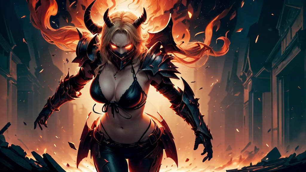 (beautiful blond succubus), (demon horns), (well-defined eyes, high resolution, ultra detailed large breasts, Immortal temptation takes over my mind Condemned Fallen weak on my knees, summon the strength Of mayhem I am the storm that is approaching Provoking black clouds in isolation I am reclaimer of my name Born in flames, I have been blessed My family crest is a demon of death Forsakened, I am awakened A phoenix's ash in dark divine Descending misery Destiny chasing time Inherit the nightmare, surrounded by fate Can't run away Keep walking the line between the light Led astray Through vacant halls I won't surrend 5r The truth rev 5aled in eyes of ember We fight through fire and ice forever Two souls once lost, and now they remember I am the storm that is approaching Provoking black clouds and isolation I am reclaimer of my name Born in flames, I have been blessed My family crest is a demon of death Forsakened, I am awakened A phoenix's ash in dark divine Descending misery Destiny chasing time Disappear into the night Lost shadows left behind Obsession's pulling me Fading, I've come to take what's mine Lurking in the shadows under veil of night Constellations of blood pirouette Dancing through the graves of those who stand at my feet Dreams of the black throne I keep on repeat A derelict of darkness, summoned from the ashes The puppetmaster congregates all the masses Pulling strings, twisting minds as blades hit You want this power? Then come try and take it Beyond the tree Fire burns Secret love Bloodline yearns Dark minds embrace Crimson joy Does your dim heart Heal or destroy? Bury the light deep within Cast aside, there's no coming home We're burning chaos in the wind Drifting in the ocean all alone. (Bikini armor:1.3)